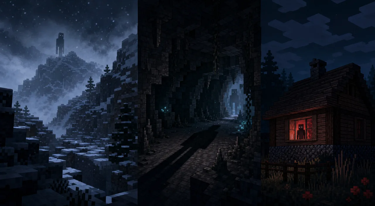 Ilustración editorial con tres escenas de terror inspiradas en Minecraft: una figura en la nieve, una cueva oscura y alguien frente a una ventana