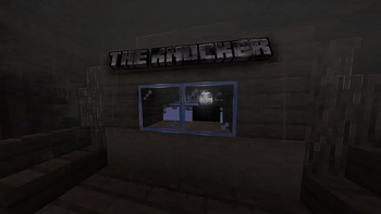 Imagen oficial de la galería de The Knocker en Modrinth con una ventana oscura y una figura fuera de una casa de Minecraft