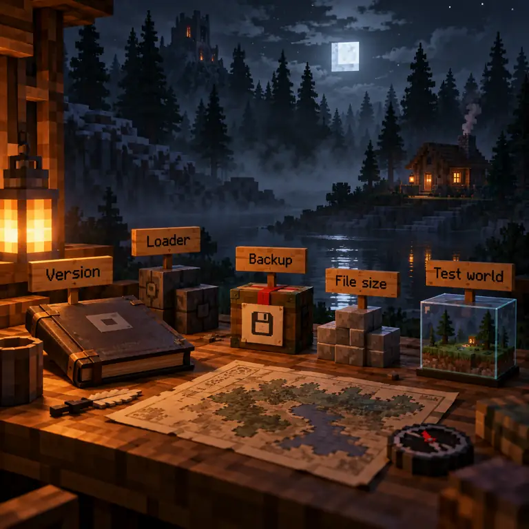 Redaktionelle Checkliste für Version, Loader, Dateigröße, Backup und Testwelt eines Horror-Modpacks