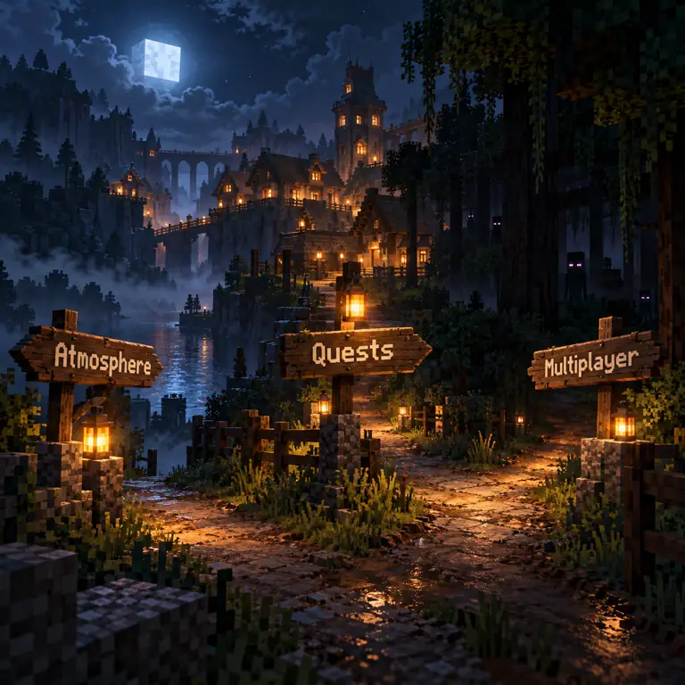 Redaktionelle Vergleichsgrafik für Atmosphäre, Quests und Multiplayer in einem Minecraft-Horror-Modpack