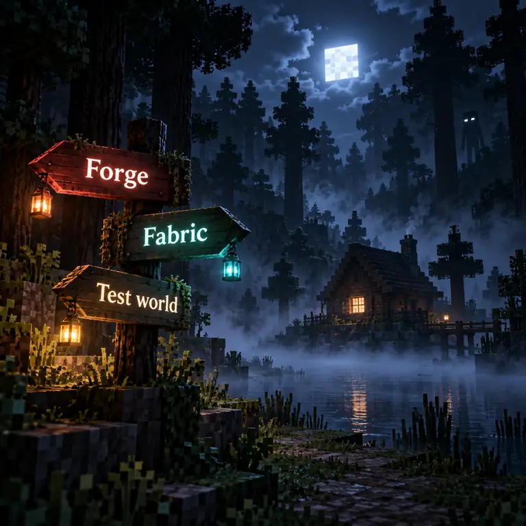 Redaktionelle Illustration zur Auswahl eines Horror-Modpacks zwischen Forge, Fabric, NeoForge und Testwelt
