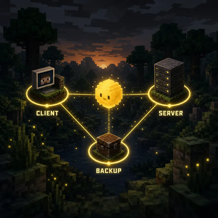 Editorial illustration connecting a Minecraft player client, a server and a backup world for Verity Mod multiplayer checks