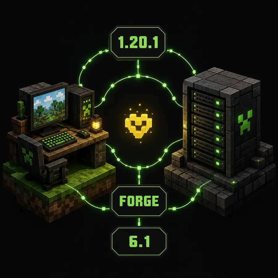 Editorial diagram showing Minecraft 1.20.1, Forge and Verity JE 6.0.0-beta.6 connecting a player computer to a server