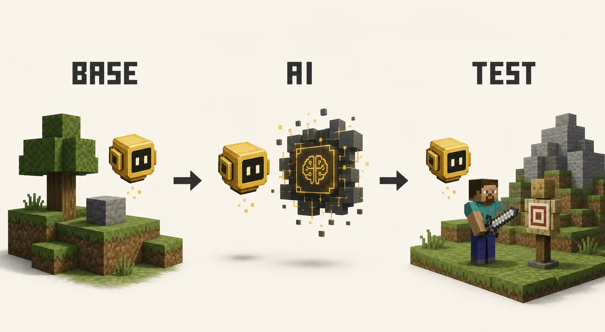 Editorial concept flow showing a Verity-style yellow assistant moving from a Minecraft base setup through AI configuration to a safe test world